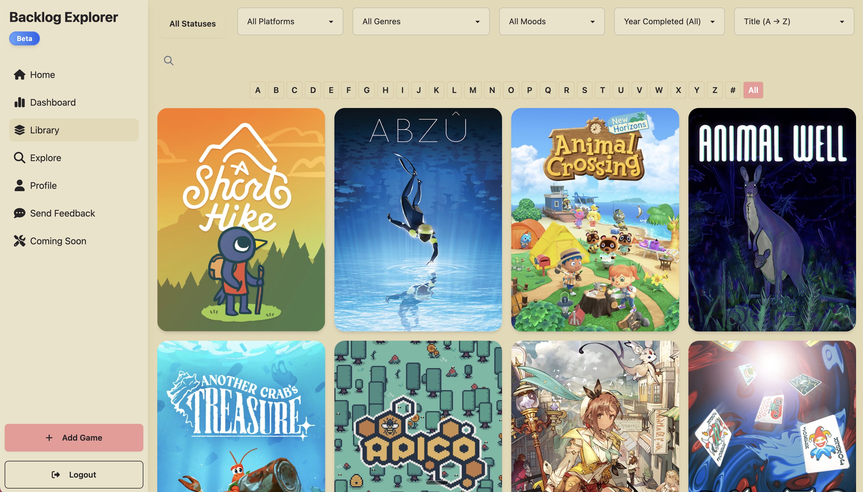 Backlog Explorer app — game library view showing colorful game covers in a grid