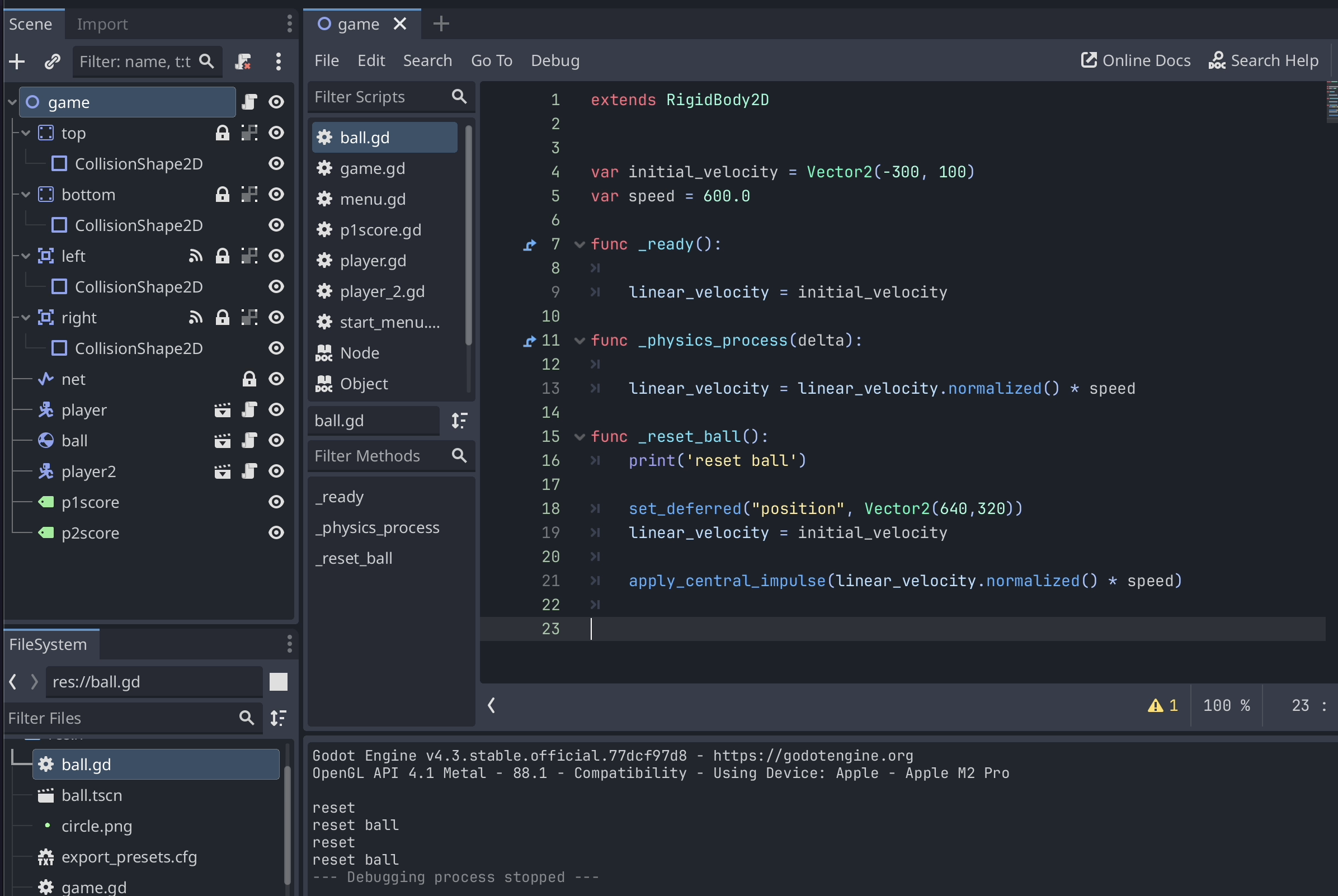 Godot script that caused issues with ball reset logic