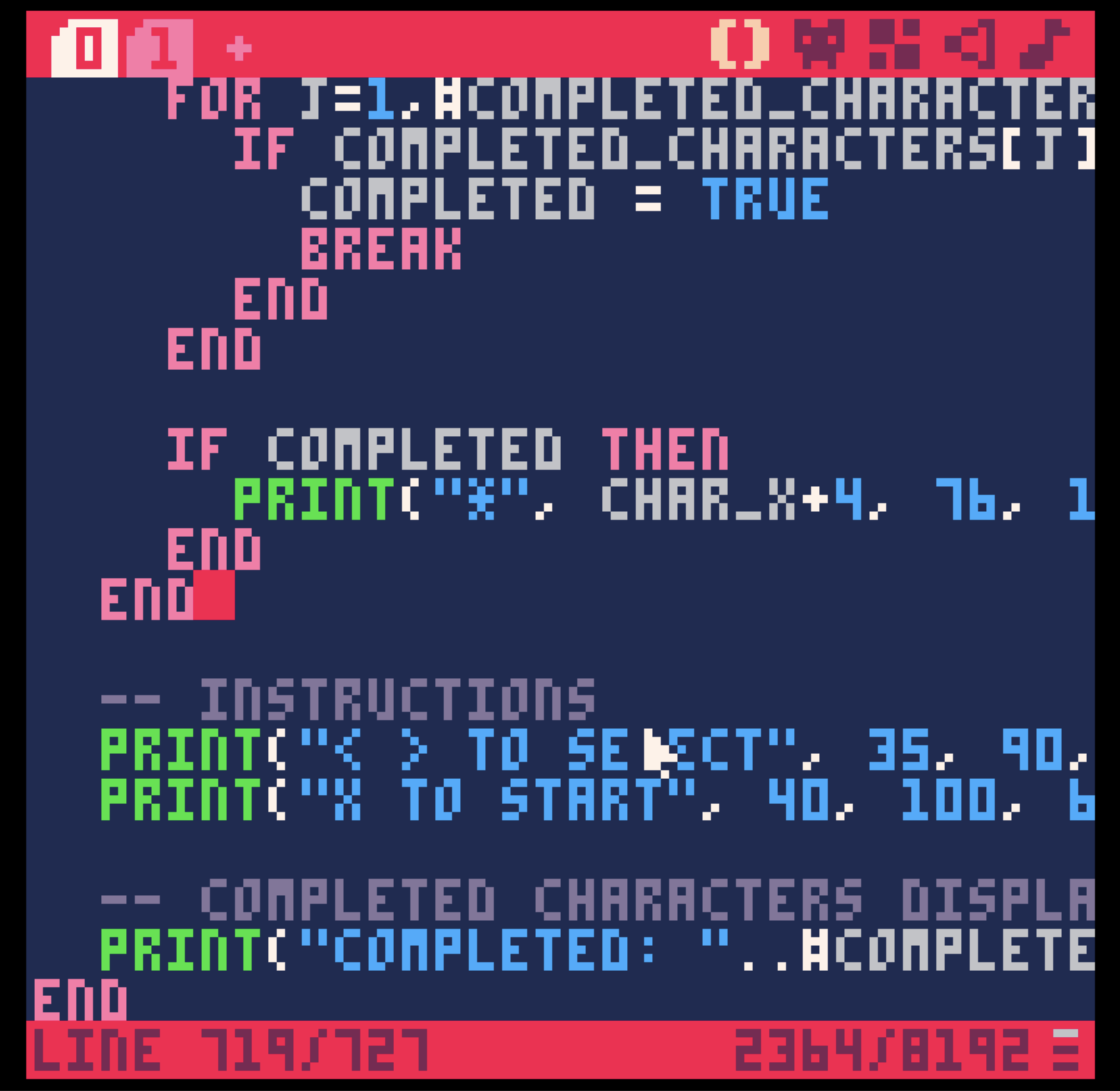 A screenshot of the pico8 code editor.